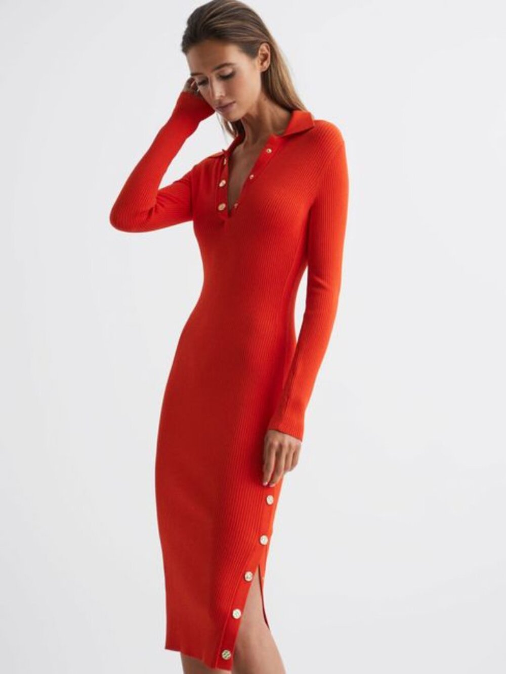 REISS Rita Flame Red Gold Ribbed Midi Sweater Dress SMALL